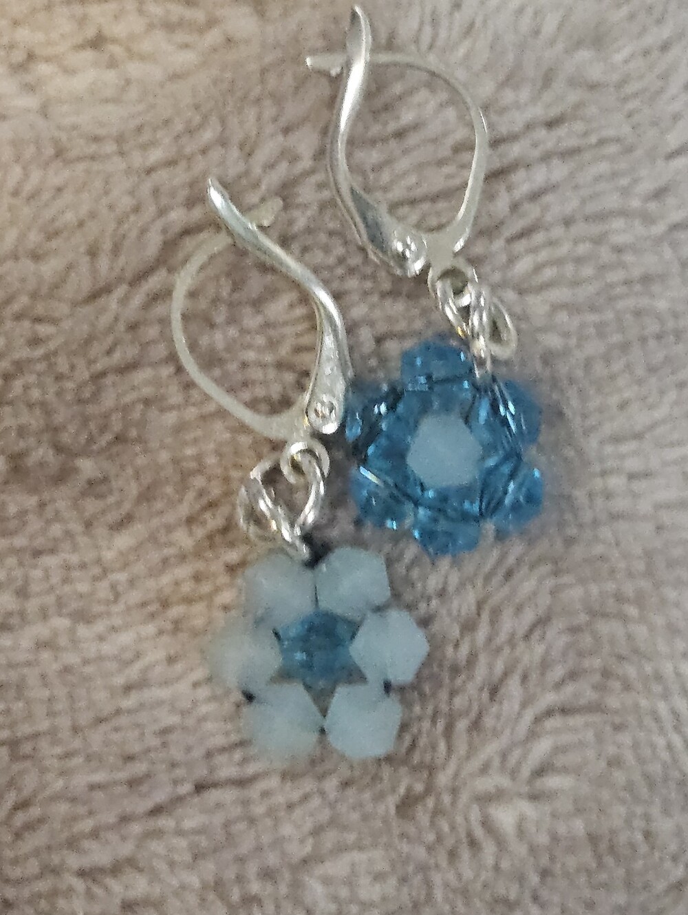 Blue Flower Crystal Dangle Leverback Silver Tone Earrings -Handmade